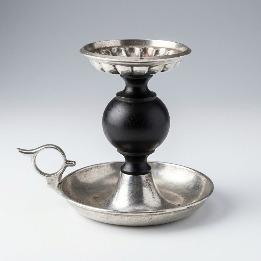 Vintage 70s Pewter Metal & Wood Chamberstick Finger Loop Candle Holder HomeDecor